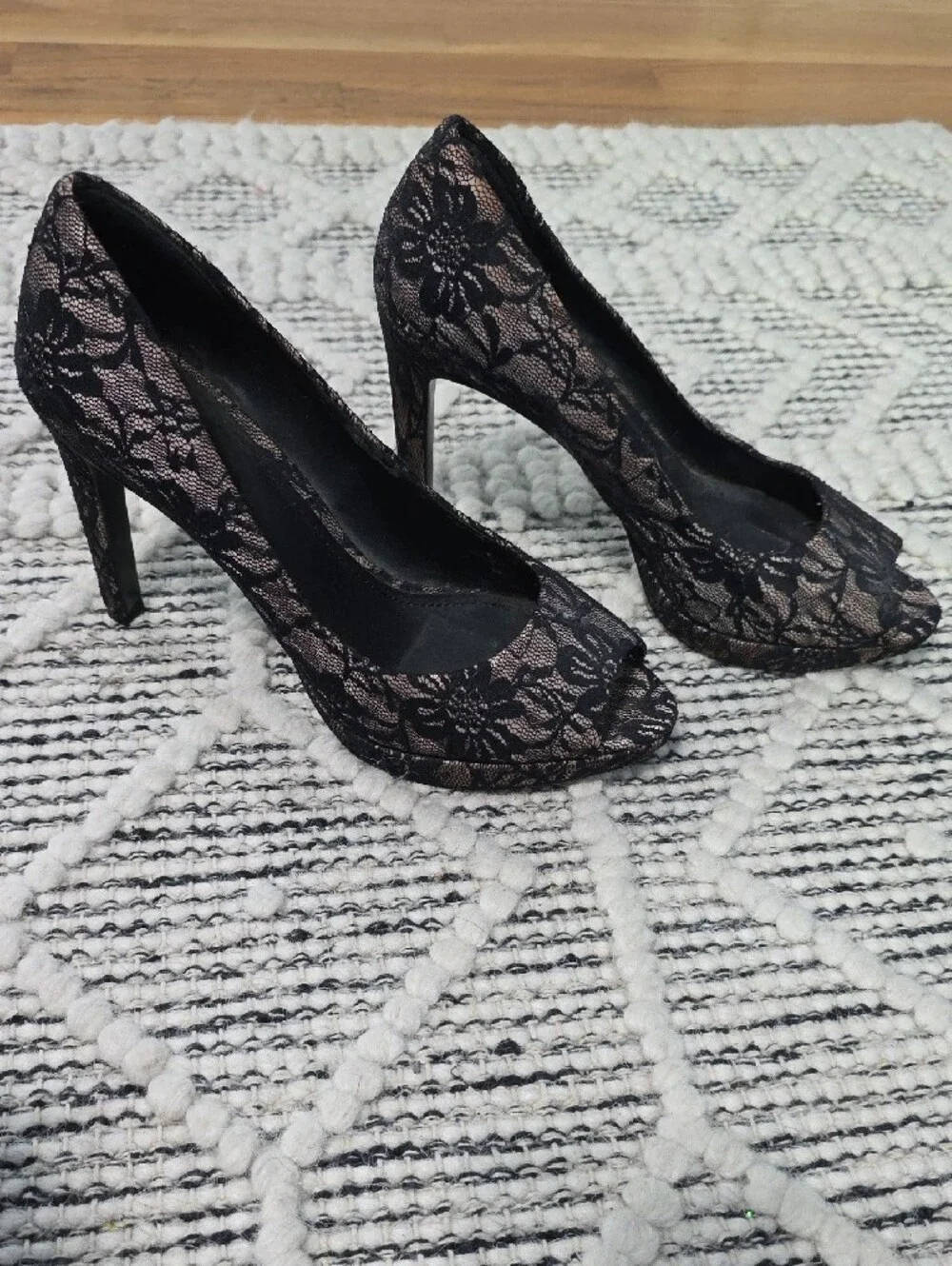 Gianni Bini Black Lace Overlay Blush Pointed-Toe Pumps